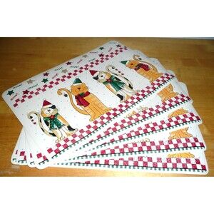 Christmas Placemats Set of 4 Cats Kittens Hats Scarfs Cottage Core Vinyl 17x12